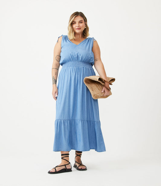 Vestito midi in denim con vita a rombi e orlo increspato, Curve e taglie forti, blu