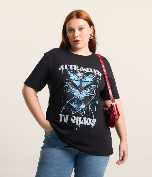 Camiseta longa de algodão com estampa de borboletas Chaos Curve & Plus Size Black
