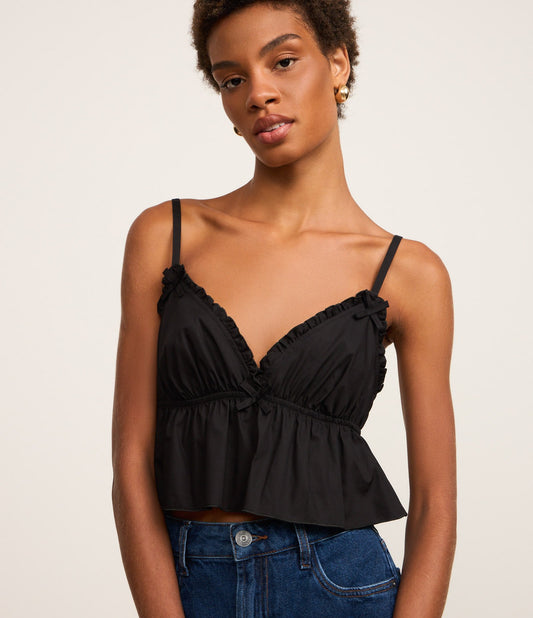 Blusa Preta de Tricoline com Gola Babado e Costas com Elástico