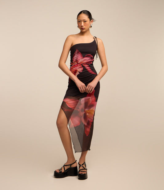 Nuovo abito midi asimmetrico in tulle con stampa floreale nera