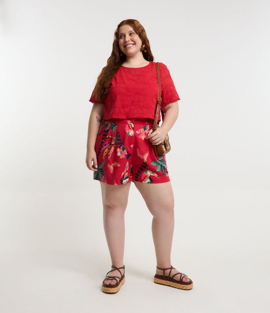 Pantaloncini Viscolinho rossi stampati con banane e palme - Curve e taglie forti