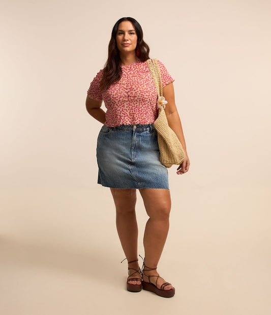 Gonna corta in denim con orlo a vivo e taglie forti blu
