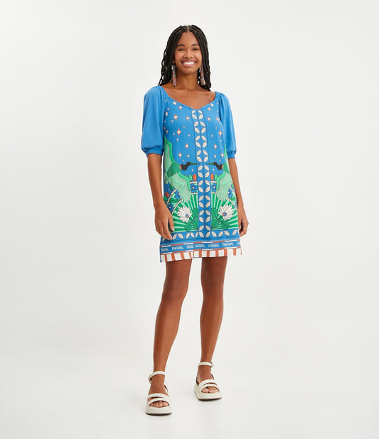 Vestito corto in lycra viscosa con maniche a 3/4 e stampa tropicale blu