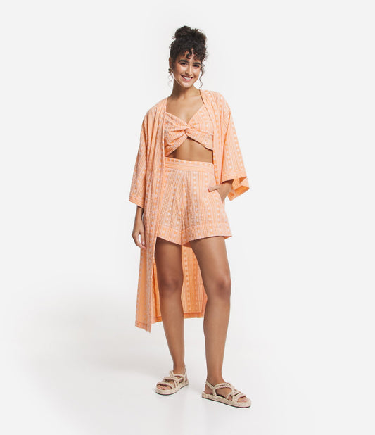 Pantalones cortos con cintura alta, dobladillo enrollado y estampado boho naranja
