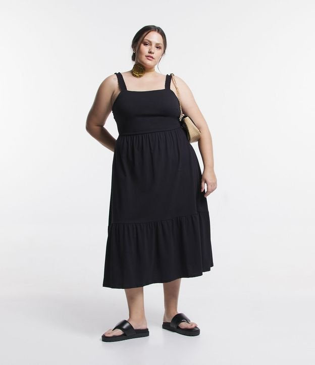 Vestido midi preto em meia malha com pregas - Curve & Plus Size