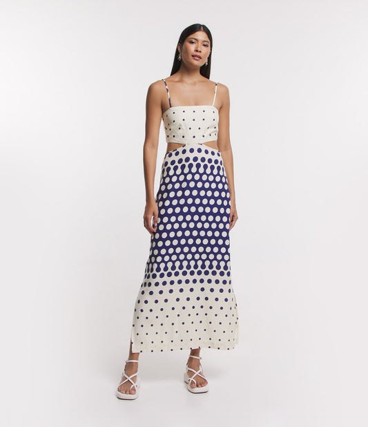 Vestido maxi longo de linho com bolinhas, alças, fenda e detalhes em smock em branco/azul