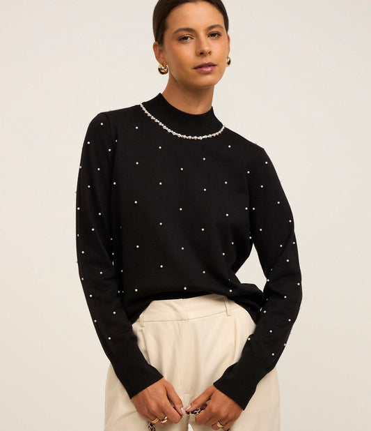 Suéter Preto de Tricô com Gola Alta e Apliques de Pérolas e Strass