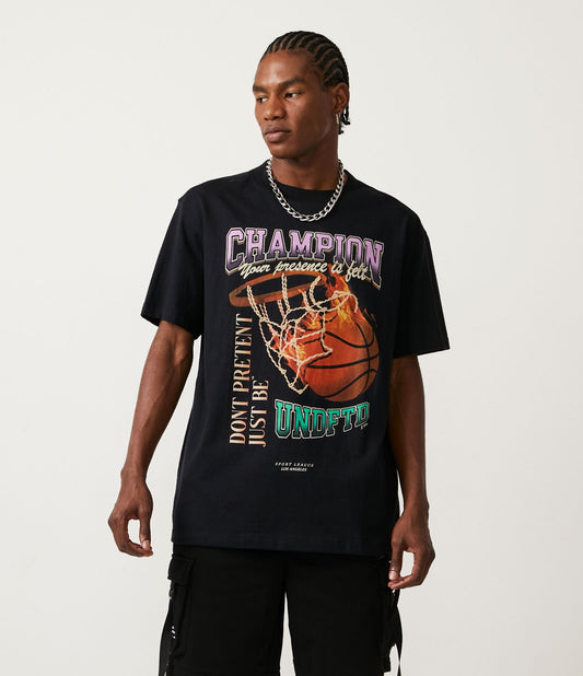 Black Cotton T-Shirt with Basketball Champion Print