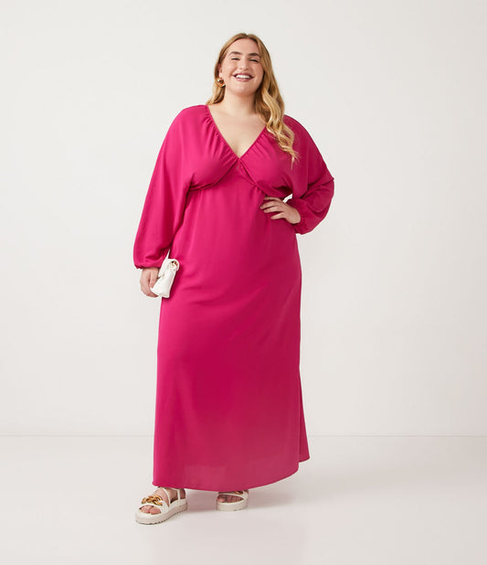 Vestido longo de crepe com decote em V e fenda lateral, Curve & Plus Size, rosa