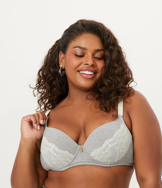 Reggiseno a coste con dettaglio in pizzo e coppe imbottite, taglie forti e taglie forti, grigio