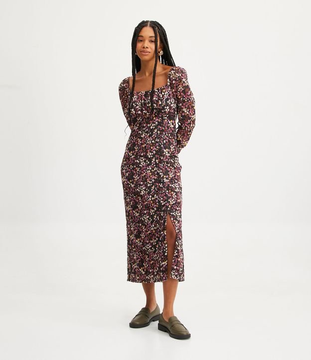 Nuovo abito midi in pizzo con busto increspato e stampa floreale multicolore
