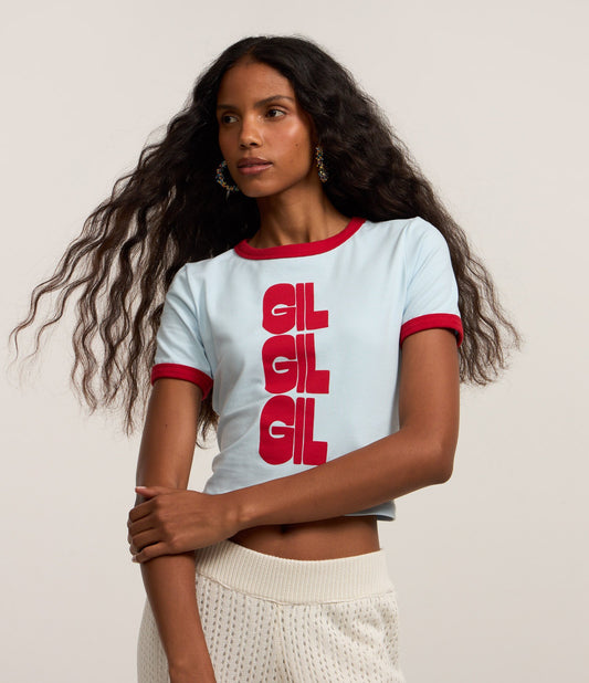 Blusa recortada de algodón con estampado Gil azul claro/rojo