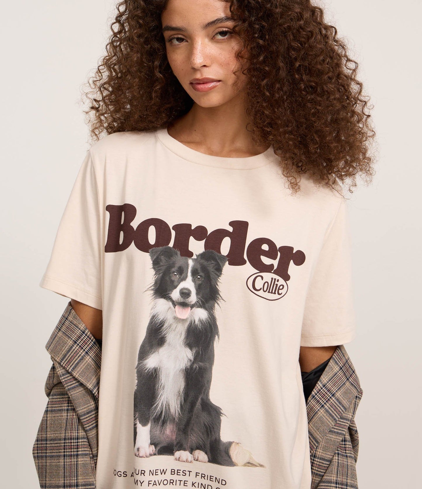 Maglietta lunga in cotone con stampa Border Collie beige