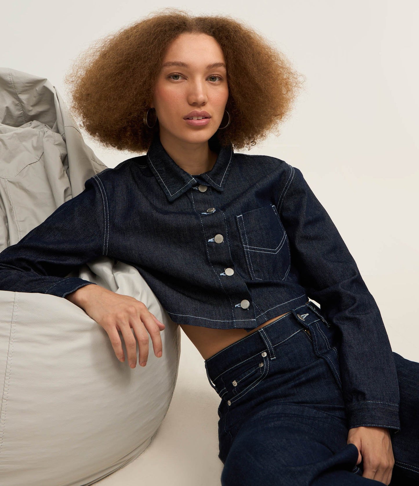 Cropped Denim Shirt with Contrasting Blue Stitching