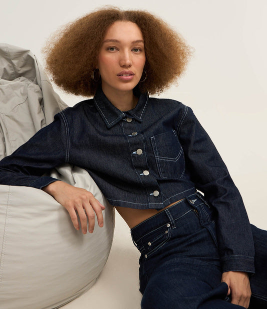 Cropped Denim Shirt with Contrasting Blue Stitching