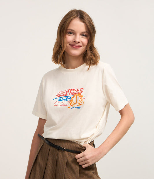 White Cotton T-Shirt with Garfield Print on Front and Back