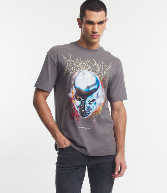Camiseta Relaxed Fit em malha cinza com estampa The Rockband