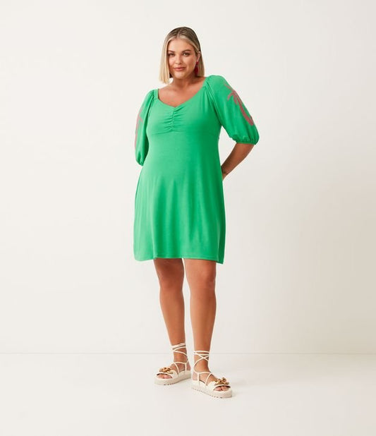 Vestido curto de tricô com mangas bufantes e palmeiras bordadas, Curve & Plus Size, verde