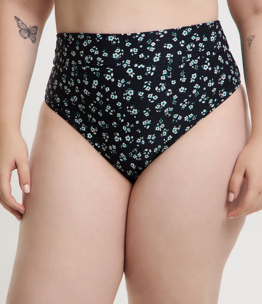 Fondo bikini floreale Liberty Curve & Plus Size nero a vita alta