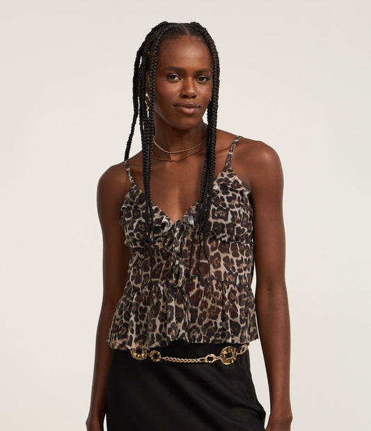 Camicetta Peplum con stampa animalier, volant e fiocchi marroni
