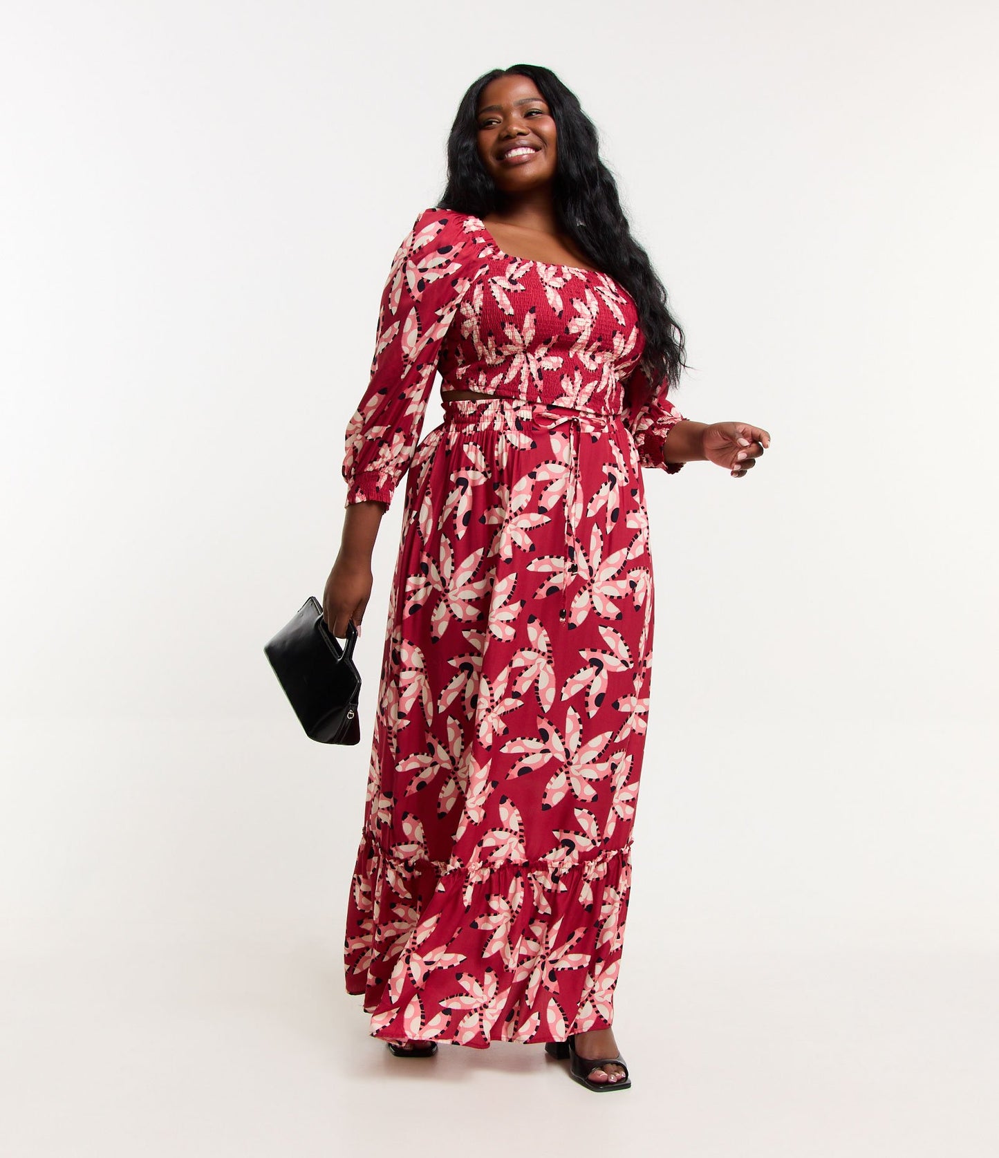 Blusa de manga 3/4 em viscose com estampa floral, Curve & Plus Size, vermelho