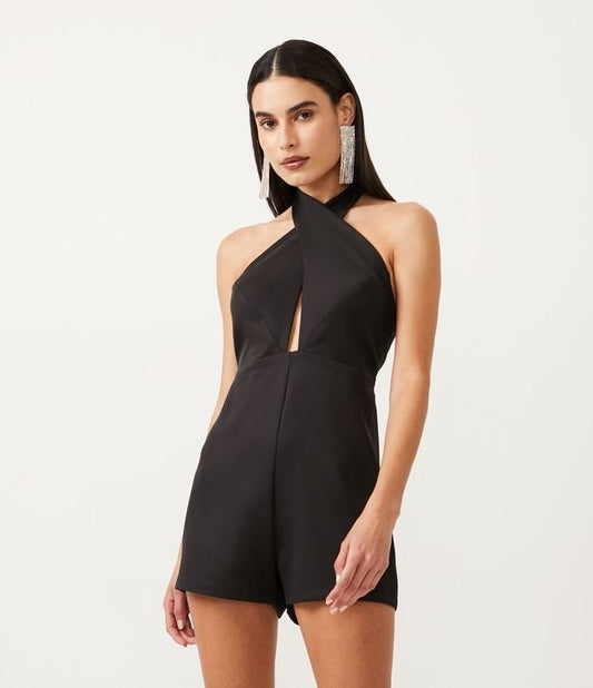 Romper de crepé entallado con escote cruzado y busto definido en negro