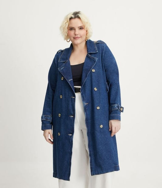 Gabardina vaquera azul con cinturón - Tallas grandes y curvas