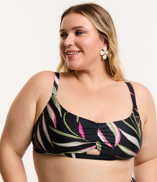 Top bikini dritto con stampa a foglie nere - Curve & Plus Size