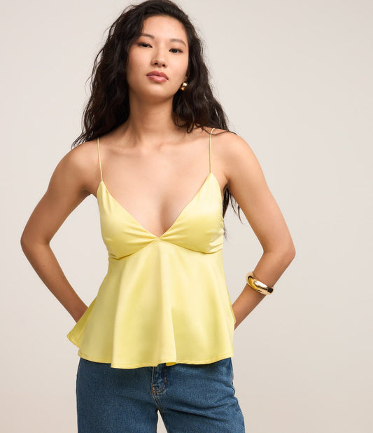 Yellow Satin Blouse with Rat Tail Straps and Draped Design