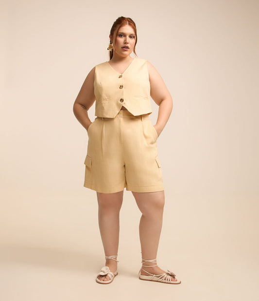 Bermuda con tasca Cargo di Viscolinen, Curve e taglie forti, giallo