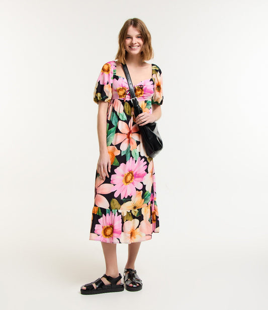 Vestito midi con stampa floreale multicolore e maniche a sbuffo in viscosa