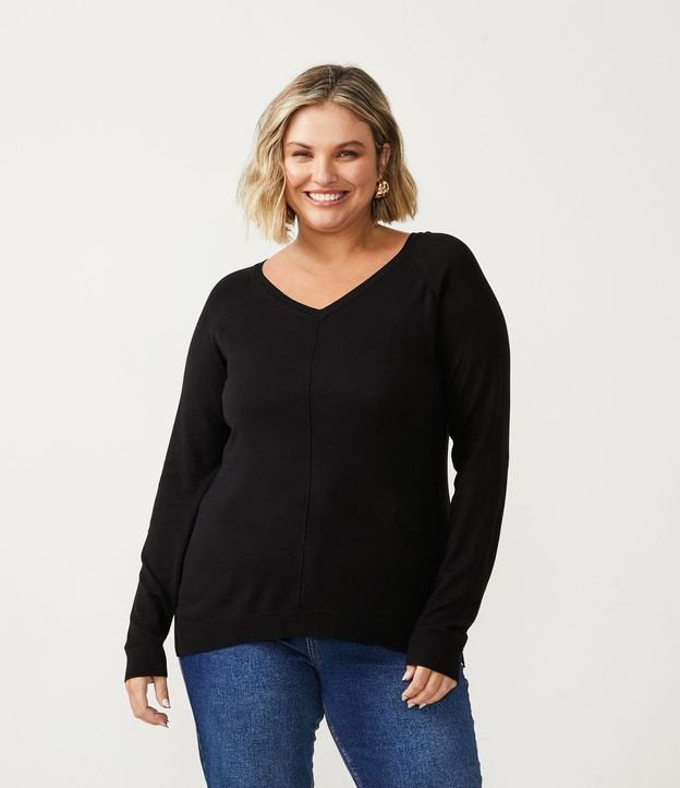 Maglione con scollo a V a maniche lunghe in maglia Curve e taglie forti - Nero