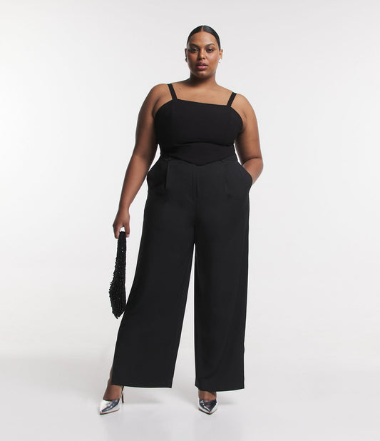 Pantalón sastre de pierna recta con bolsillo y abertura en el dobladillo, Curvas y tallas grandes, Negro