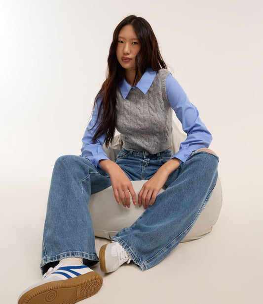 Camisa com Colete Tricotado Texturizado Cinza/Azul