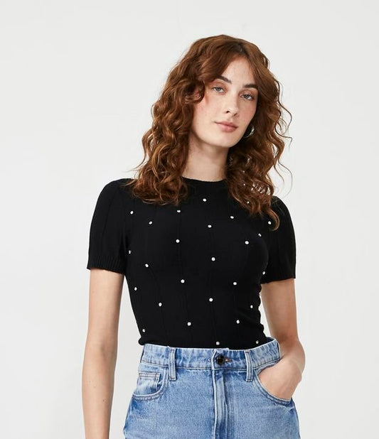Blusa de Punto Negra con Pedrería Aplicada