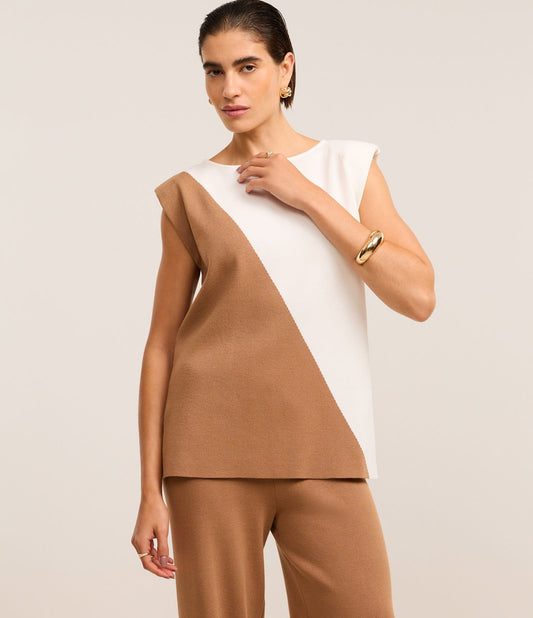 Knit Sweater with Brown/White Color Block Design