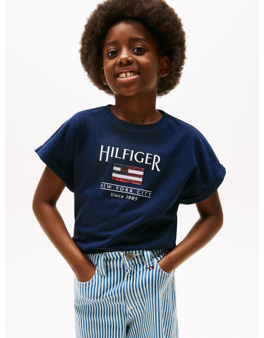 Camiseta Tommy Hilfiger Bandera de lentejuelas azul marino para niña