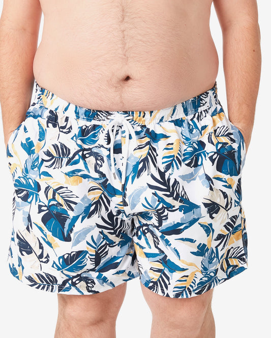 Pantaloncini da bagno Plus Size da uomo con stampa a foglie bianche - Allman by Riachuelo