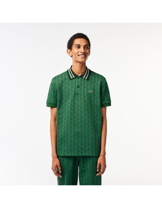 Camisa polo masculina Lacoste Classic Fit Monogram Jacquard - Verde