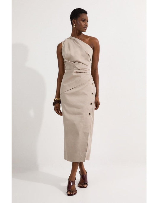 Vestido lápiz asimétrico drapeado Petite Tailored de algodón pulido