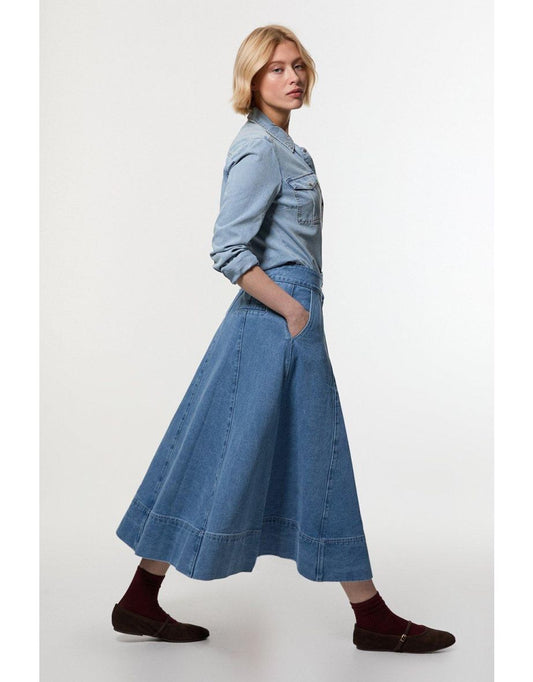 Gonna midi in denim a vita alta Petite