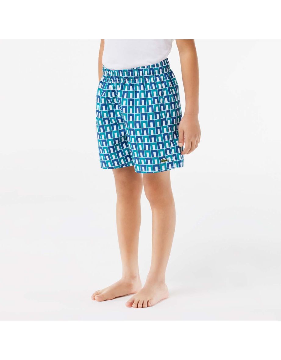 Boy's Lacoste Juniors Taffeta Monogram Print Swim Trunks in Various Colors