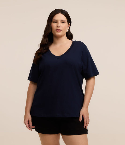 Maglietta in cotone con scollo a V blu navy, Curve e taglie forti
