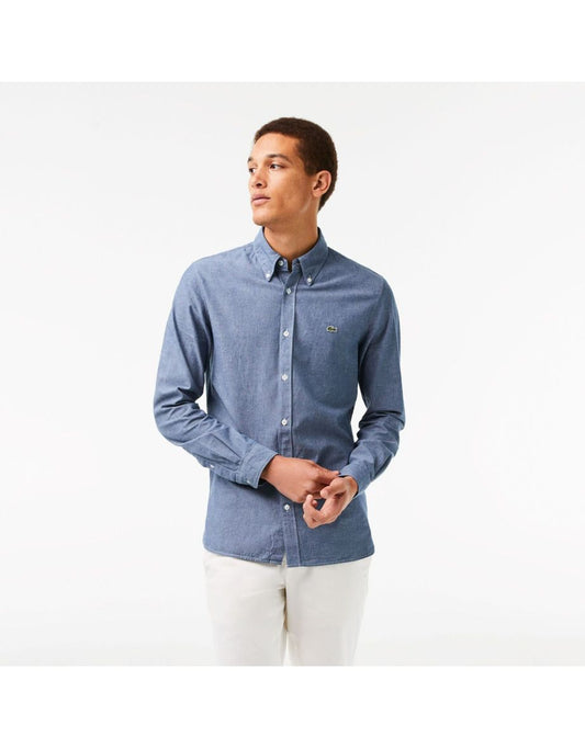 Camisa Lacoste Slim Fit Blue Poplin Masculina com Carcela Oculta