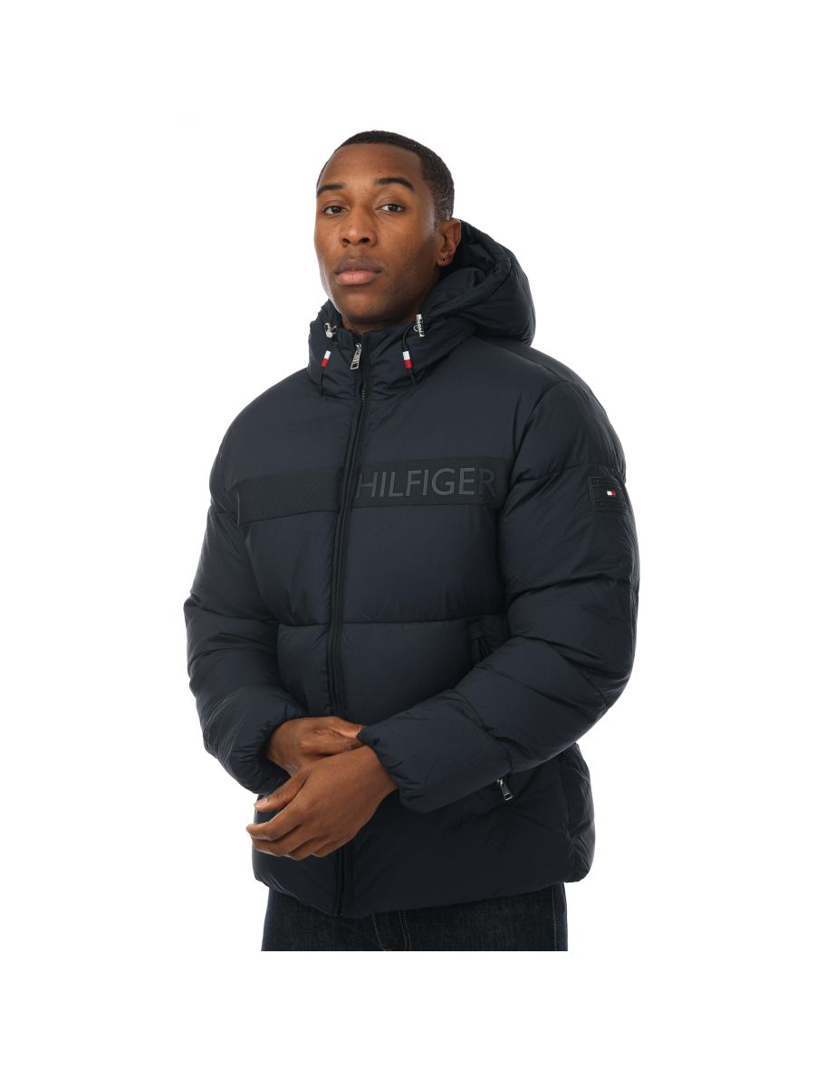 Chaqueta Puffer con Capucha y Logotipo Tonal Azul de Tommy Hilfiger para Hombre