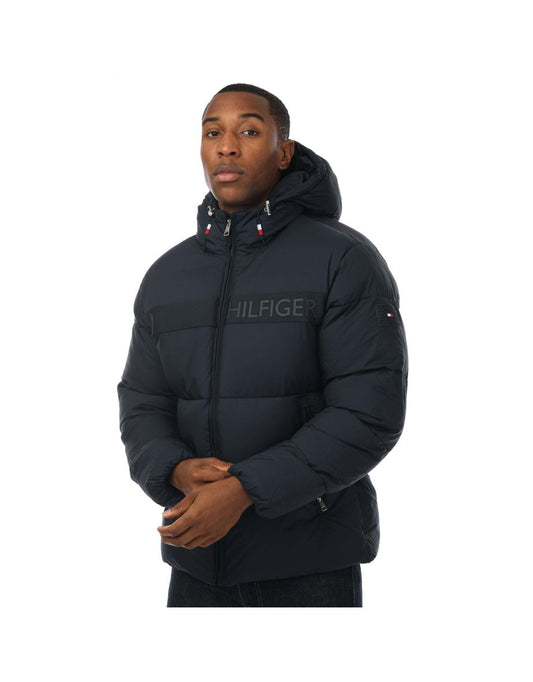 Chaqueta Puffer con Capucha y Logotipo Tonal Azul de Tommy Hilfiger para Hombre