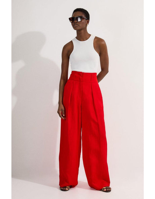 Pantaloni sartoriali alti a gamba larga in viscosa e lino