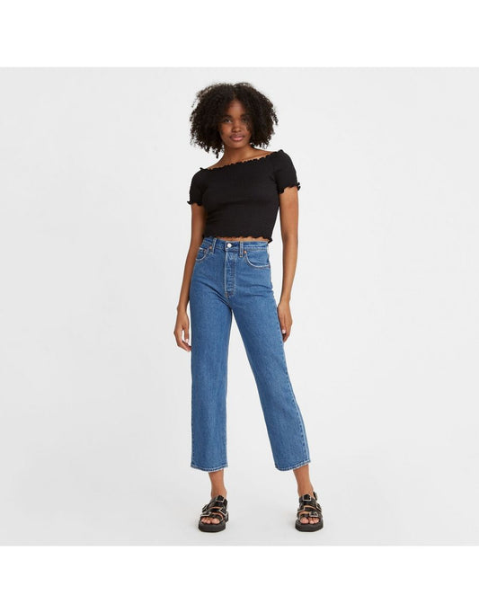 Jeans a vita alta con taglio a coste e caviglia dritta