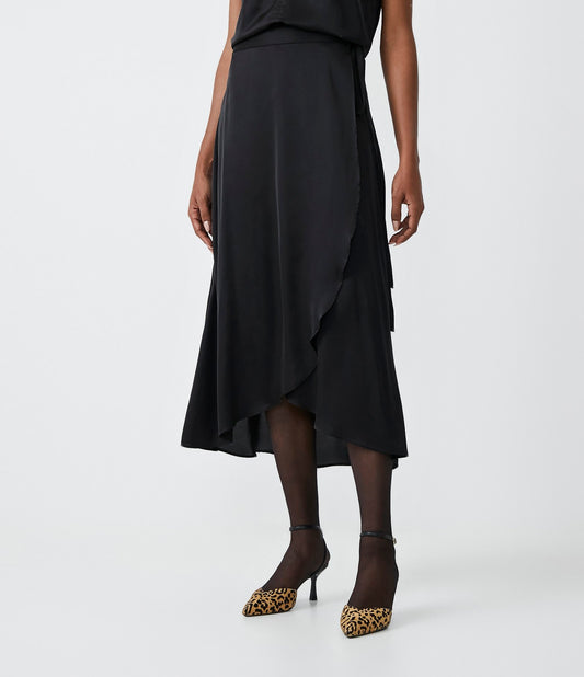 New Black Midi Wrap Skirt with Side Tie