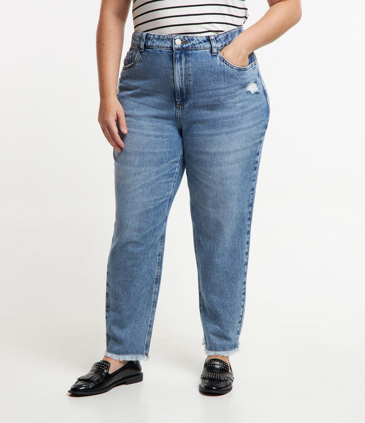 Mom Jeans em jeans marmorizado com bainha com franjas, Curve & Plus Size, Blue Denim